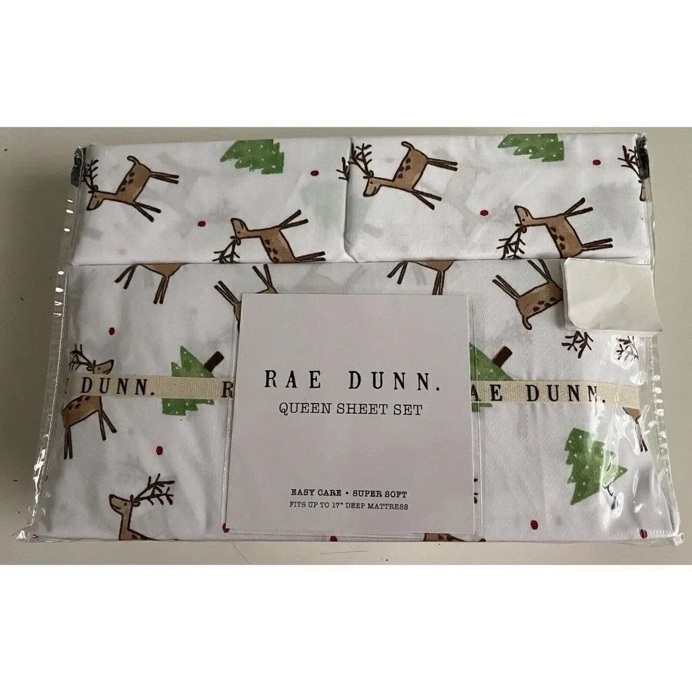 Rae Dunn Reindeer Christmas Tree Soft Queen Size Sheet‎ Set Holiday 4 Piece NEW